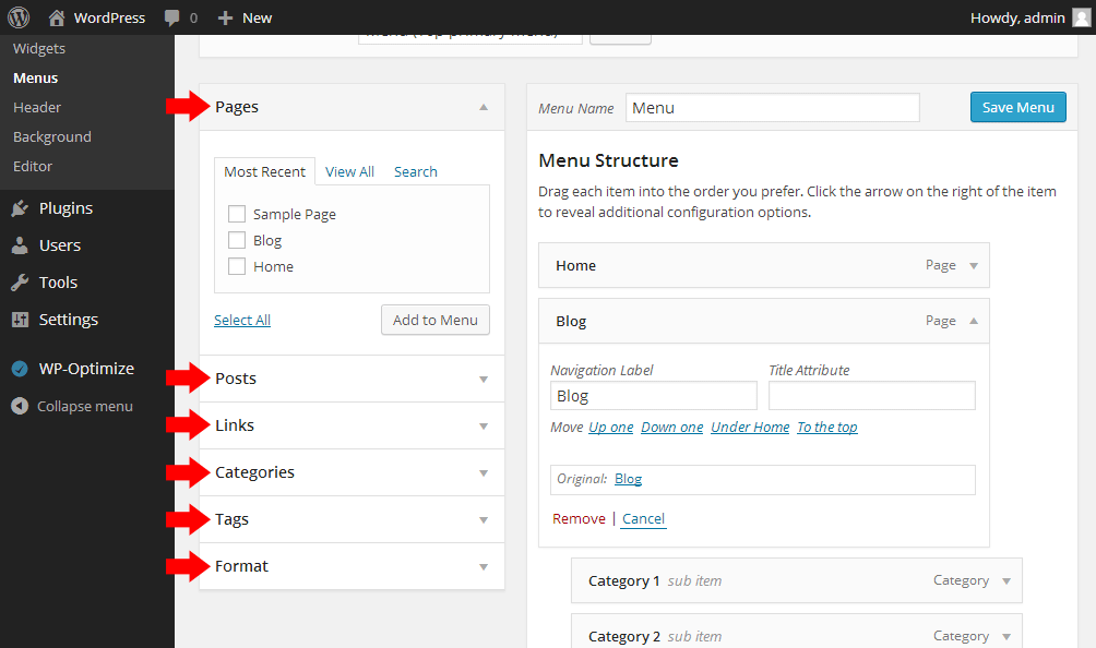 WordPress menus features